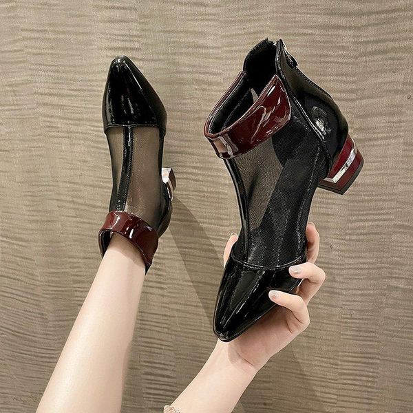 

european and american style women's sandals 2021 summer thick heel pointed mesh fashion deep mouth boots, Black