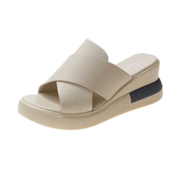 

summer outdoor women's wedges slippers slip-on shoes woman flat peep toe breathable soft platform leather sandals platform shoes 210611, Black