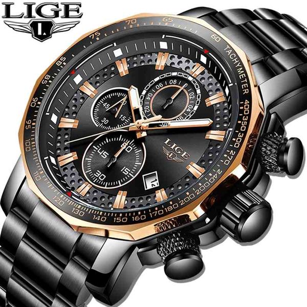 Relogio Masculino LIGE Neue Sport Chronograph Herren Uhren Top Marke Luxus Voller Stahl Quarzuhr Wasserdichte Große Zifferblatt Uhr Männer 210407