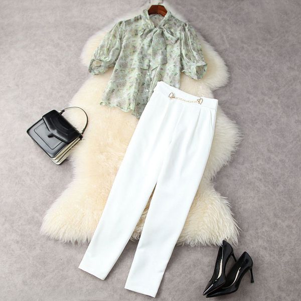 

women's two piece pants summer half sleeve round neck purple / green floral print ribbon tie bow blouse + long suits 2 s set 21a062043, White