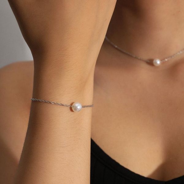 

chains fashion creative jewelry minimalist light luxury bracelet set necklace simple personality pearl women, Silver