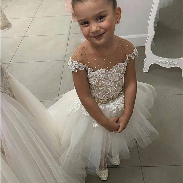 

girl's dresses high low flower girls for wedding sheer neck cap sleeves lace pearls tulle backless toddler holiday birthday party dress, Red;yellow