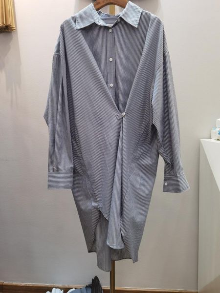 

casual dresses 2021 women fashion long sleeve lapel striped dress 0521, Black;gray