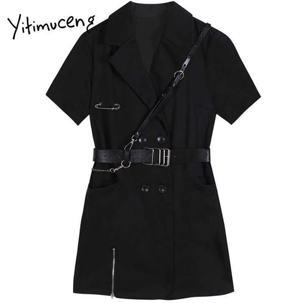 

yitimuceng sashes sweet dresses women mini a-line solid black spring notched short sleeve high waist french office lady 210601, Black;gray