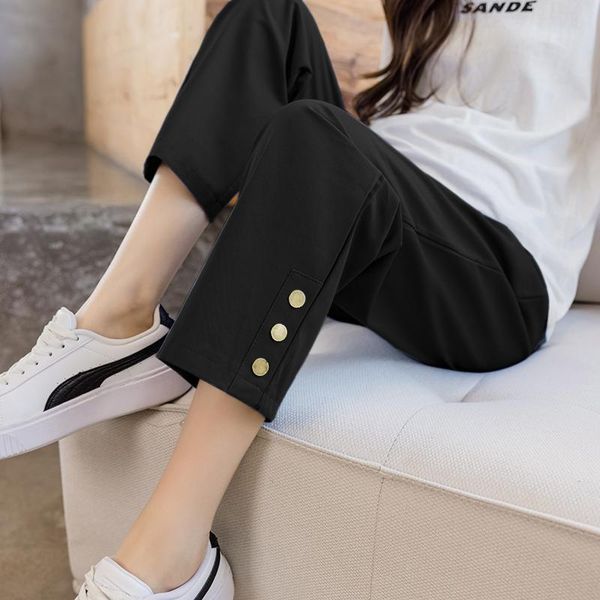 

maternity bottoms 2021 spring and autumn pregnant women empire pants side buttons high waist belly jeans straight outfit cotton trousers, White