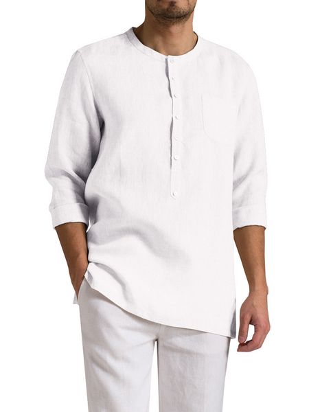 

men's shirts 2021 european cotton hemp round ne t- looe caual olid color medium leeve, White;black