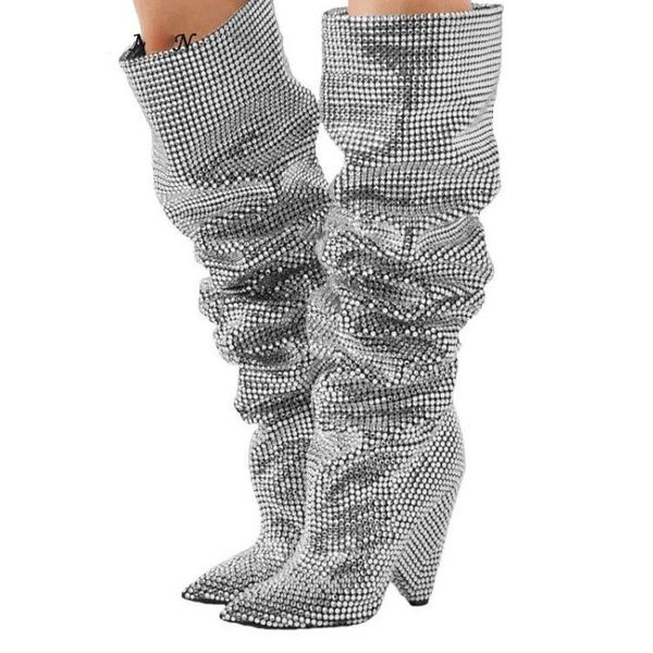 

boots start style shoes silver diamond crystal pointed toe knight high and wedges heel over-the-knee slip-on bling women, Black