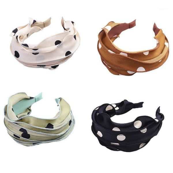 

korean female elegant solid color hair hoop pleated layered wavy bandana vintage polka dot printed summer headdress1
