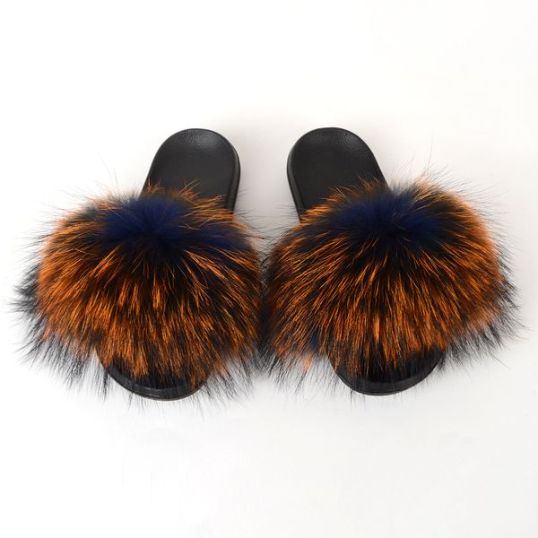

racoon fur slides woman furry slippers house women shoes mules fluffy summer sandals plush flip flops home luxury wholesale 2021, Black