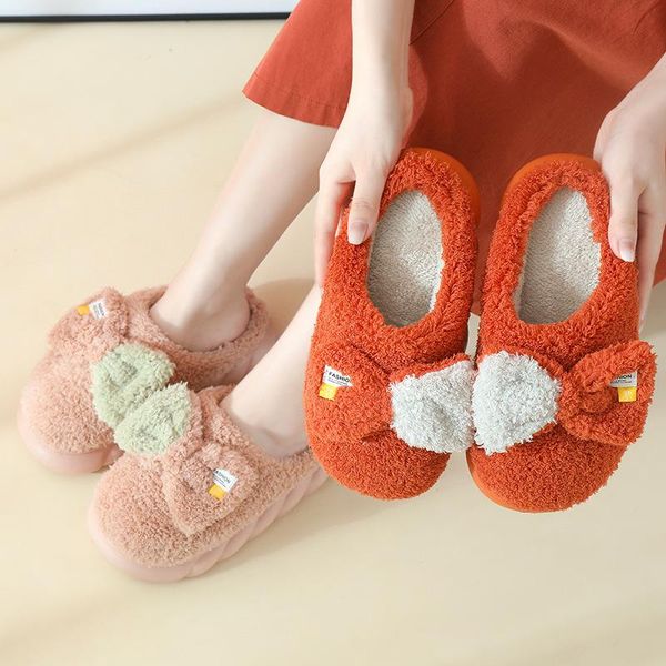 

slippers women winter warm cute bowknot fluffy fur thickne bedroom plush shoes pantuflas house zapatillas mujer chaussure femme, Black