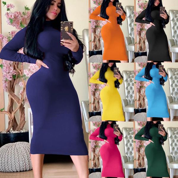 

casual dresses autumn women 2021 long sleeve bodycon turtleneck dress blue black orange evening party woman, Black;gray