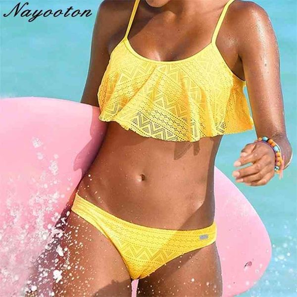 

solid color ruffle women swimwear bikini set low waist beach lace up summer brazilian biquini 210621, White;black