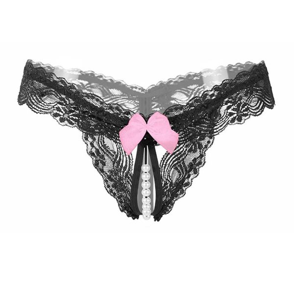 

women open crotch panties bowknot pearls lace underwear thongs fashion g-string lingerie black briefs visible women's, Black;pink