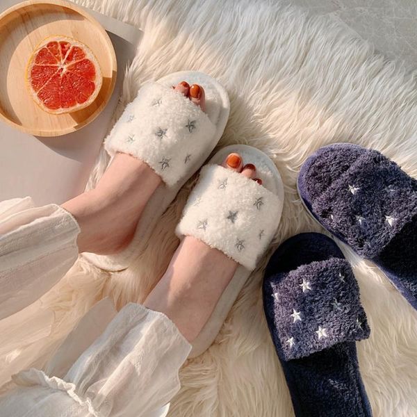 

slippers embroidery star soft with fur for home fluffy plush winter warm fuzzy house slipper female women slides shoes, Black