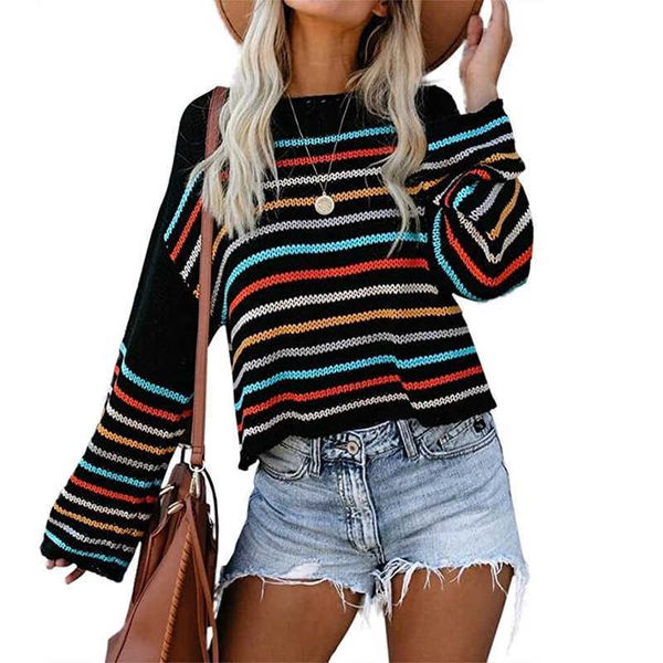 

colorful striped sweater women's autumn fashion off the shoulder slash neck long sleeve casual loose knitted short 210526, White;black