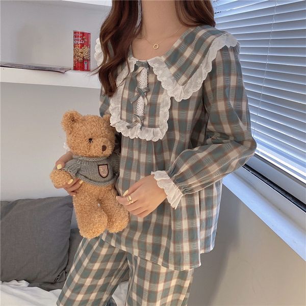

women's sleepwear sweet lace side plaid pajamas set women bow embroidery pijama ruffle sleeve sleepwear loose and pants home, Black;red