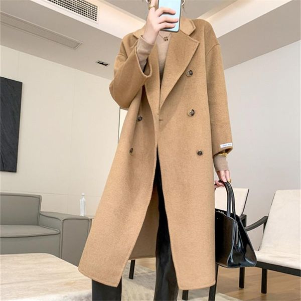 

women's wool & blends high-end double-sided cashmere jacket women mid-length 2022 autumn korean double breasted loose woolen coat femal, Black