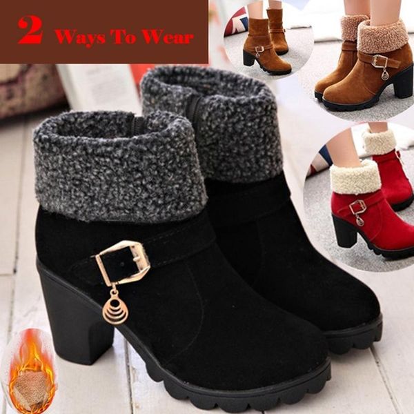 

boots 2021 winter high heel warm plush square heels shoes women's ladies fashion brand ankle snow, Black