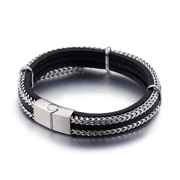 

link, chain black leather woven multi-layer men's stainless geometric student hand jewelry bracelet 210*12mm