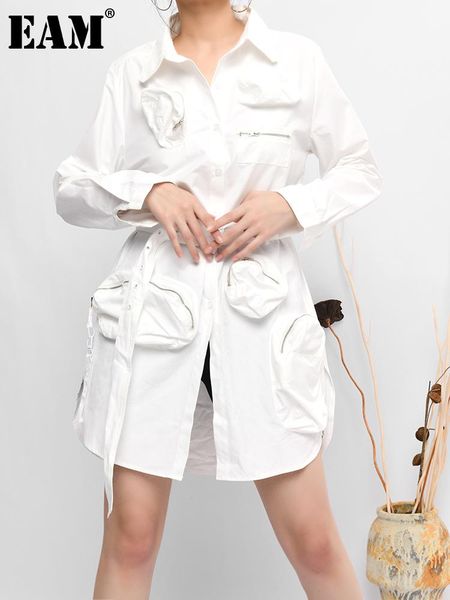

casual dresses [eam] women pockets white asymmetrical shirt dress lapel long sleeve loose fit fashion tide spring autumn 2021 1d63400, Black;gray