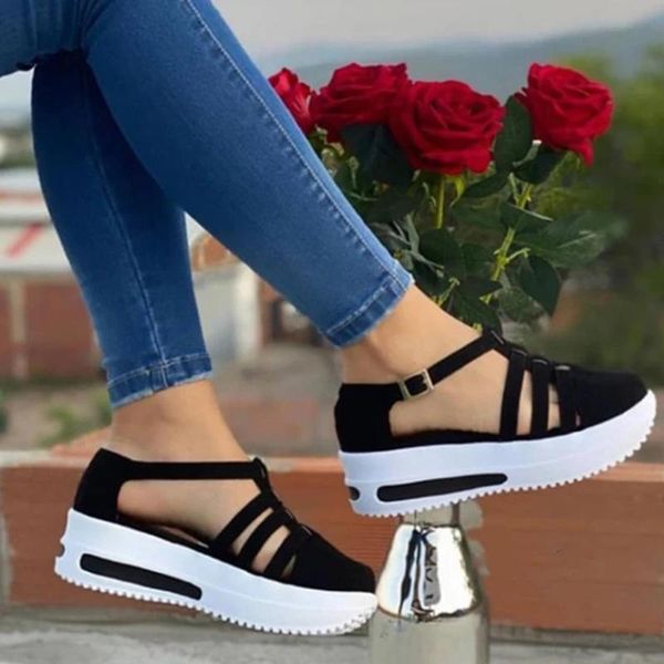 

sandals 2021 women's wedges shoes summer women buckle strap solid ladies platform sandalia femme cusual, Black