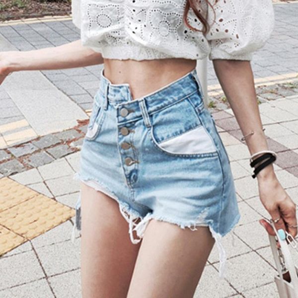 

women's shorts 2021 korea korean summer sweet girl female irregular high waist slim denim tassel hollow out hole ah2w, White;black