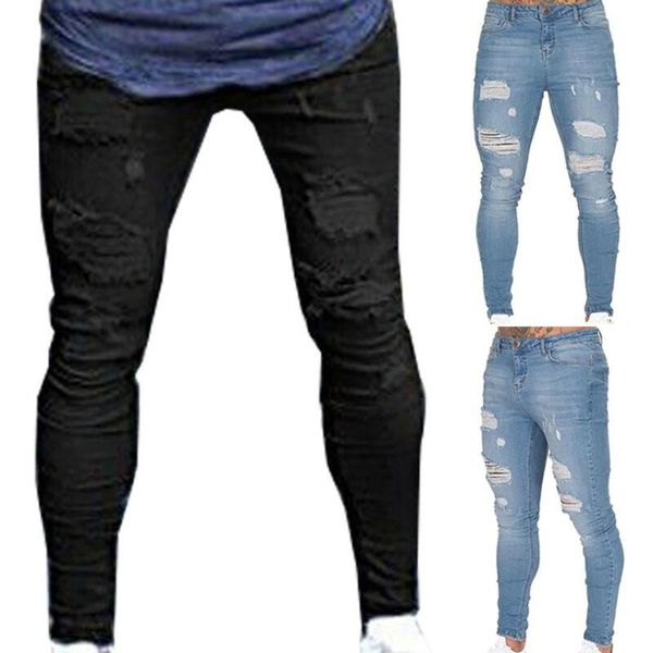 

men's pants men skinny ripped biker denim jeans hippie bottom destroyed casual trouser, Black