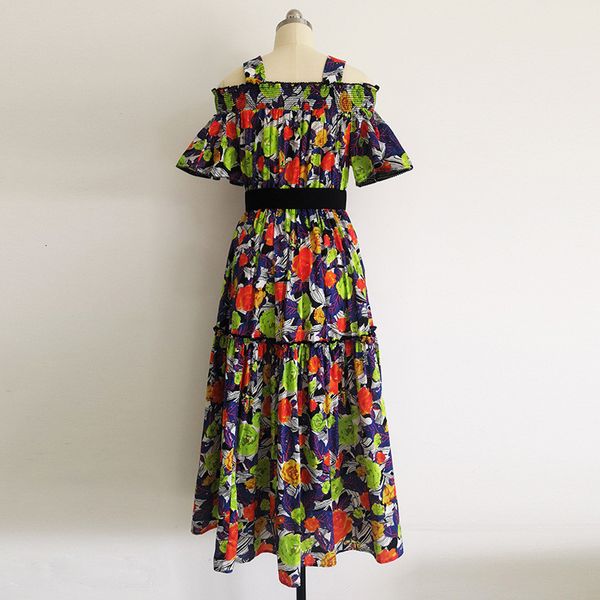 

summer style off the floral shoulder impression midi 100% cotton dress vacation robe, Black;gray
