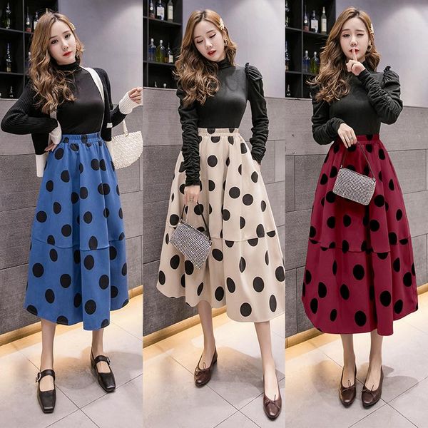 

skirts the han edition female fashion show thin half-length skirt of tall waist a word wave point printed es, Black