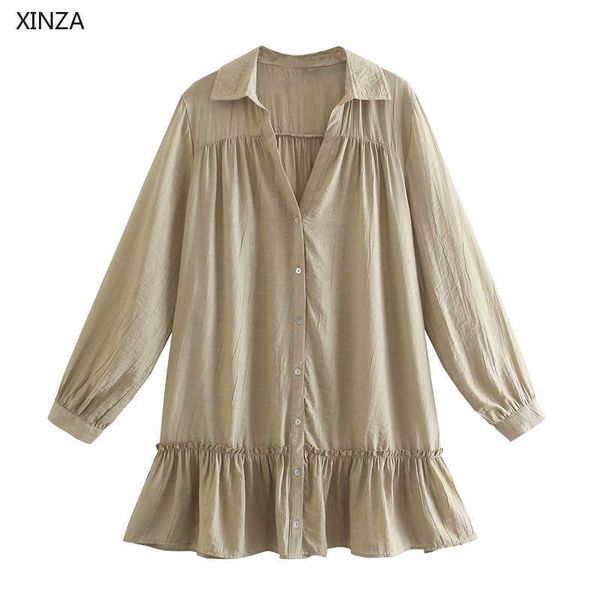 

casual dresses women ruffle wrinkled mini summer long sleeve loose vintage woman fashion button up flounced hem ehfs, Black;gray