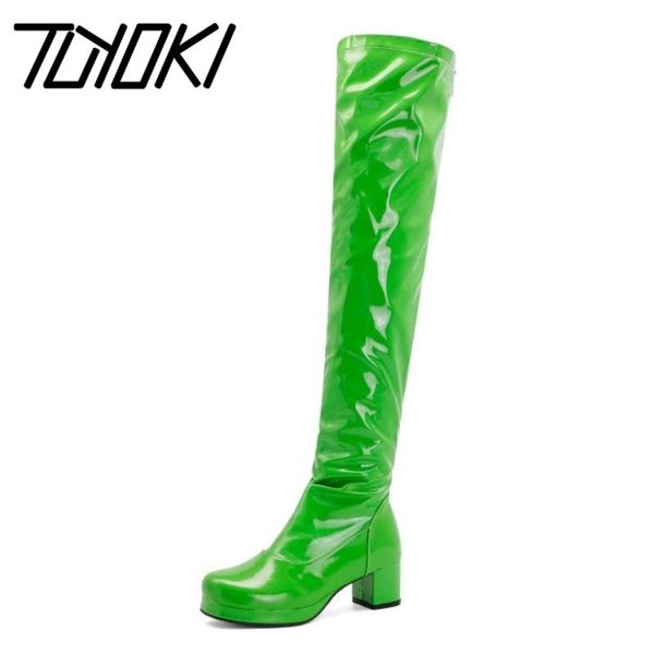 

boots tuyoki plus size 30-43 women over knee patent leather round toe winter long fashion cool shoes, Black
