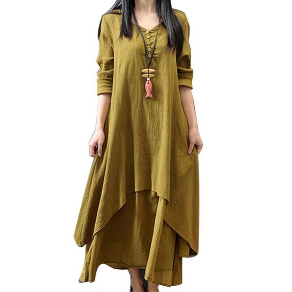 

womens dress women cotton linen casual dresses asymmetric large swing button loose long sleeve maxi summer solid, Black;gray
