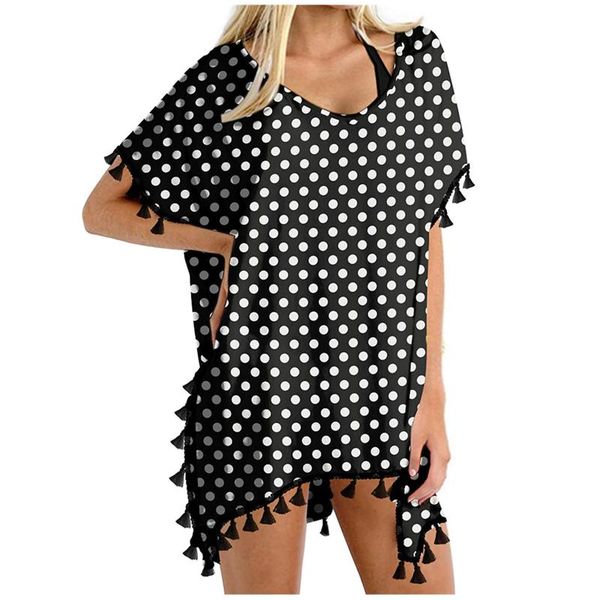 

women's swimwear ladies bikini cover-ups mesh cover up trim kaftan chiffon tassels dress swimsuit beachwear pareo saida de praia, White;black