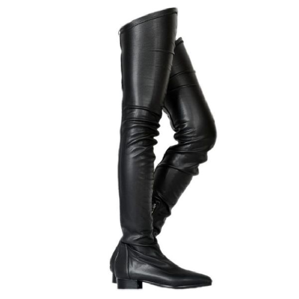 

boots thigh high black leather over the knee stretch crossdresser shoes woman custom-made plus size 50 botas feminina boot