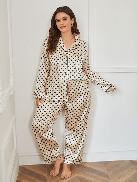 

plus polka dot pocket front contrast piping satin pj set o4lp#, Black;white