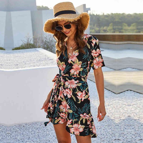 

fashion elegant ladies summer floral print short women 2021 new v-neck wrapped lace up mini dress, Black;gray