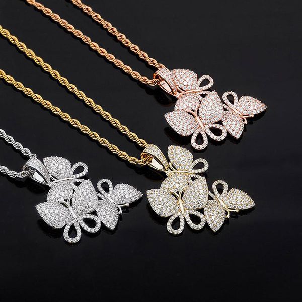 

hip hop personality iced out cz three butterflies pendant women jewelry for gift, Silver