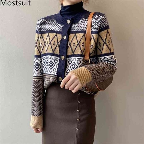 

vintage korean plaid knitted women cardigans single breasted o-neck sweaters fashion long sleeve ladies female 210513, White;black