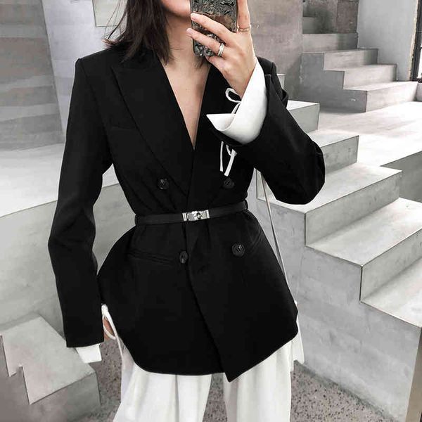 

women's suits & blazers [eam] women black cuff bandage temperament blazer lapel long sleeve loose fit jacket fashion spring autumn 2022, White;black