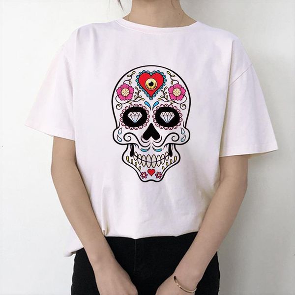 

skull graphic print fashion casual womens harajuku short sleeve tees, White