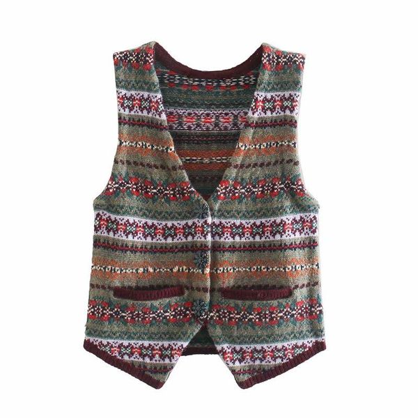 

women's vests puwd vintage woman national style printed vest 2021 fashion ladies autumn v neck sleeveless knitwear female colorful, Black;white