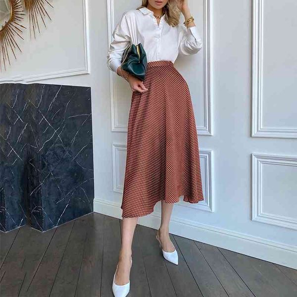 

autumn loose a-line midi skirt high waist polka dot holiday female bottom skirts vintage brown ladies office skirts 210415, Black