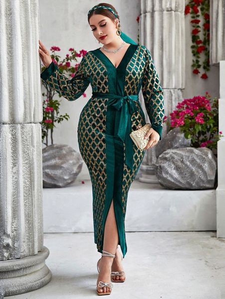 

plus gold argyle pattern belted split hem velvet dress l6la#, Black