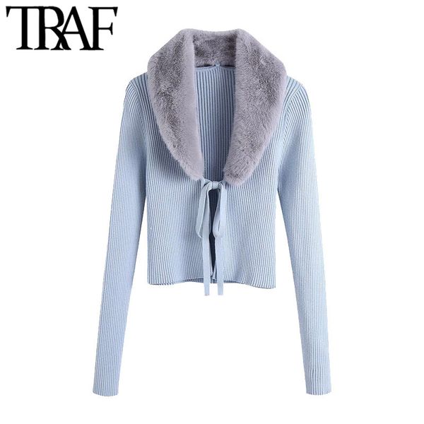 TRAF Moda Fashion Patchwork Faux Fur Cardigan Sweater Vintage com Manga Longa Amarrado Feminino Outerwear Chique Tops 210415