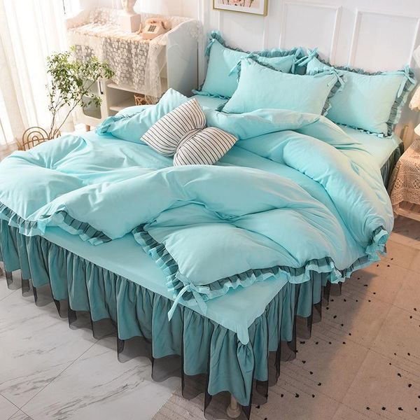 

bedding sets korean princess windbed skirt lace 4pcs washed and brushed set  comforter luxury