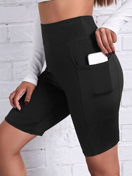 

wide waistband biker shorts with phone pocket d5gt#, Black