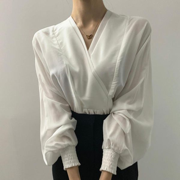 

women's blouses & shirts [ewq] korean chic autumn temperament blouse v-neck thin cross design wrinkle lantern sleeve shirt female fashi, White