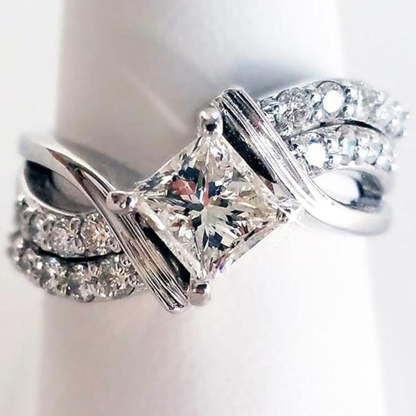 

wedding rings hainon fashion white gold color cross engagement ring with big square cubic zirconia jewelry gifts, Slivery;golden