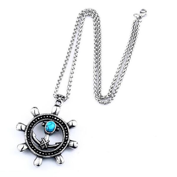 

stainless steel punk rock vintage blue turquoises stone ship wheel pendant necklace with 60cm chain chains, Silver