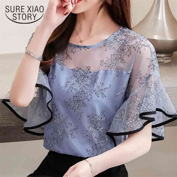 

womens summer blosues shirts flare short sleeve mesh stitching hollow lace blouse shirt clothing 3546 50 210506, White